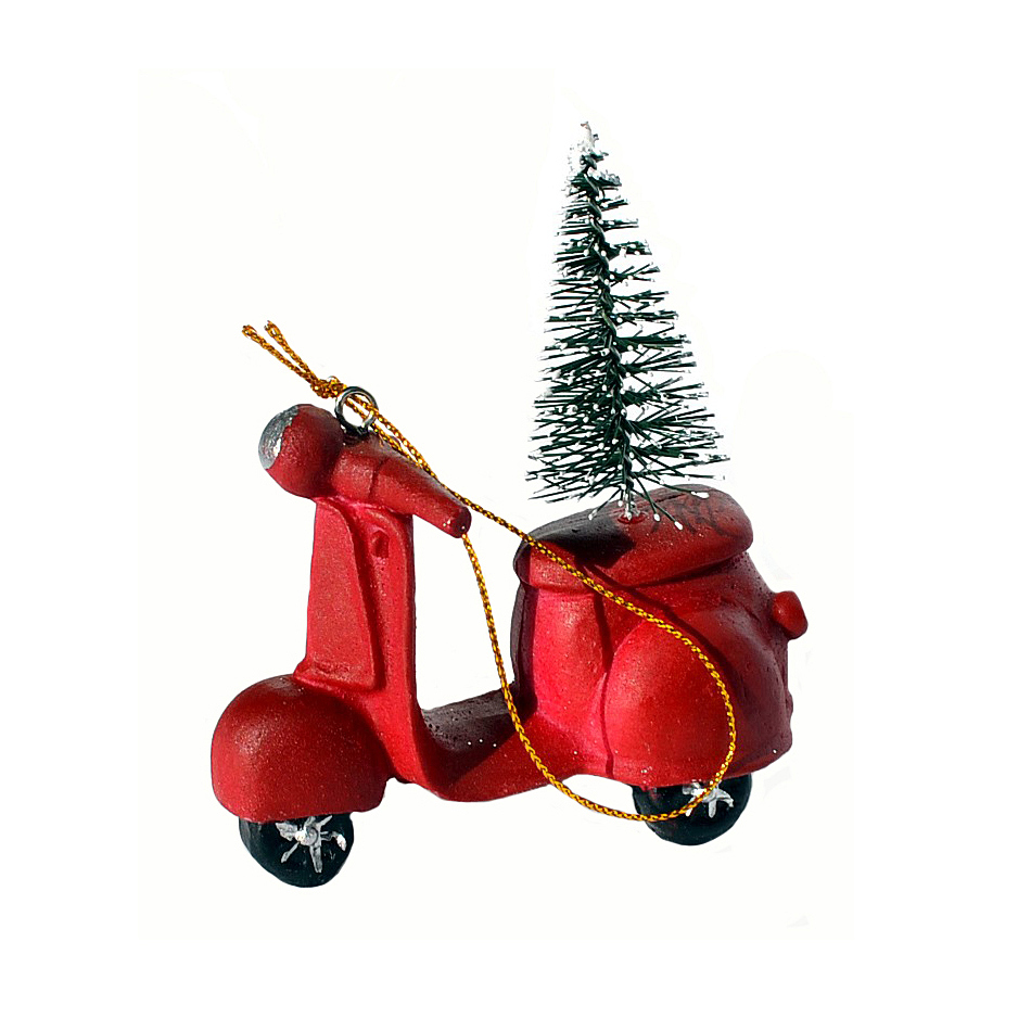 Karácsonyfadísz, fenyőfa szállító motor 10cm x 9cm piros